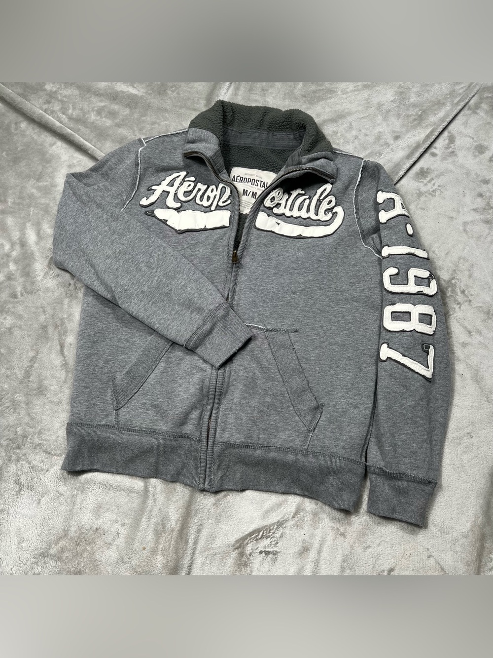 Vintage Aeropostale Full Zip Sweatshirt Mens M Gray Lined Bomber A-1987 Y2K